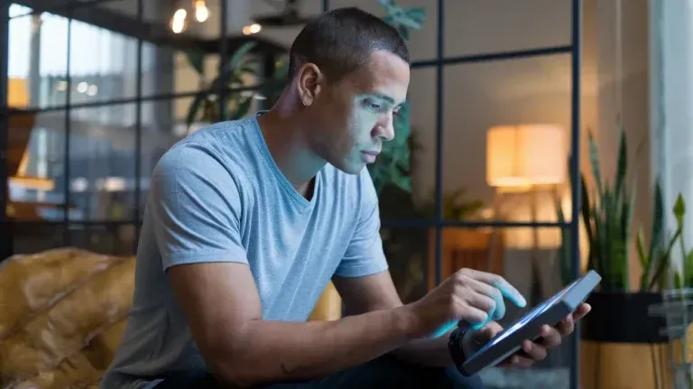 Un hombre está sentado en un sofá usando una tableta.