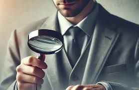 Un hombre con traje sostiene una lupa en su mano.