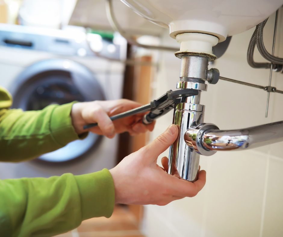 A plumber fixing the toilet. 