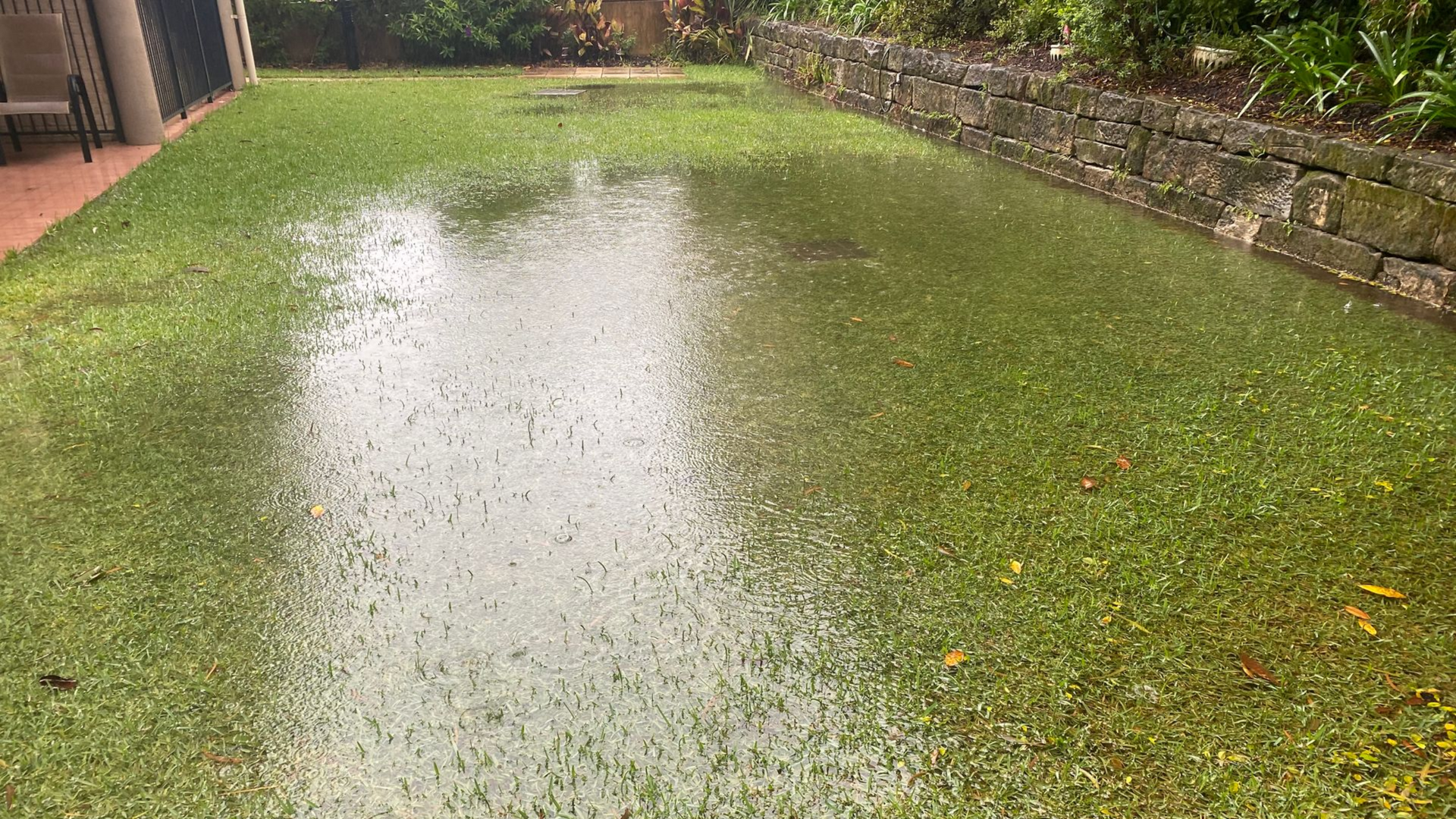 Flooded backyard with water pooling on the lawn after rain