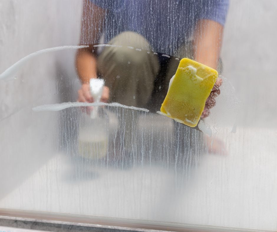Streaks of hard water residue on a glass shower enclosure