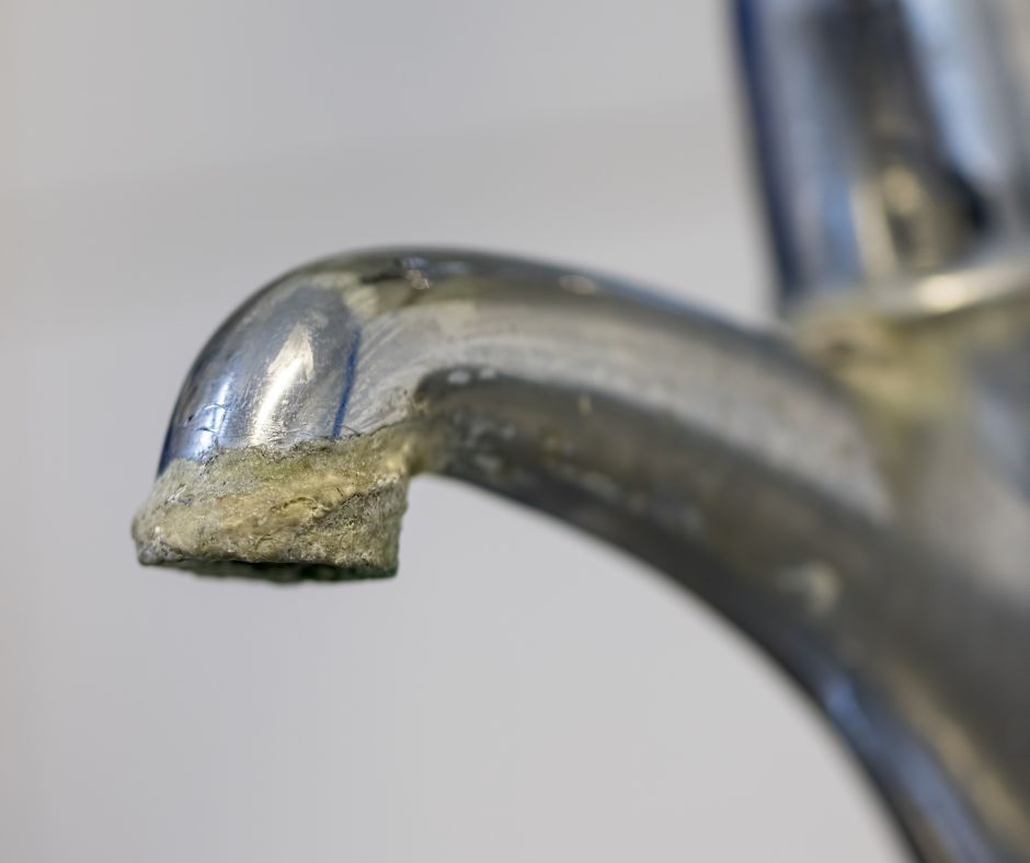 Hard water residue building up at the mouth of the water tap