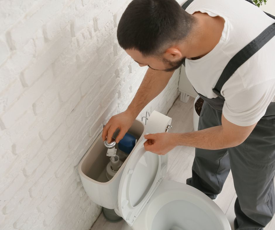 Plumber fixing a toilet tank with the lid off in a bathroom.