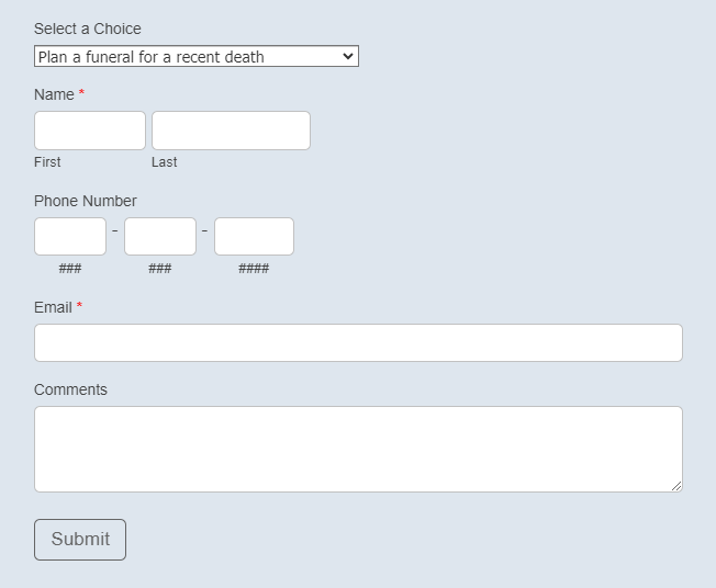 A screenshot of a funeral plan form.