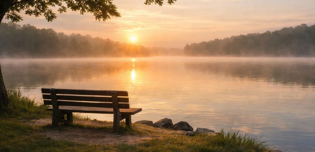 landscape scene at sunrise overlooking a calm lake surrounded by soft morning mist in Jacksoville