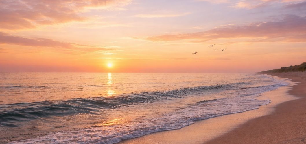 coastal shoreline during sunset with gentle waves rolling onto smooth sand in St. Augustine