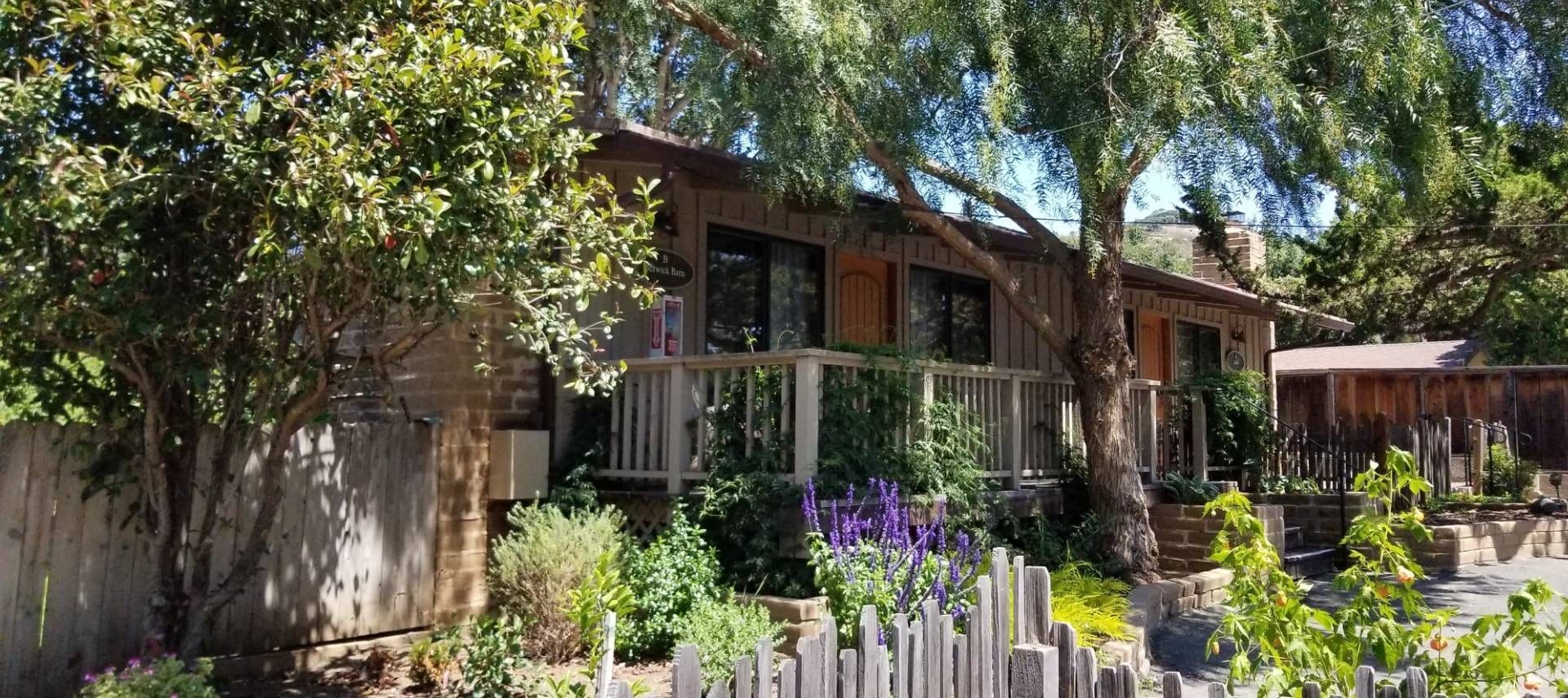 A large house surrounded by trees and bushes on a sunny day.