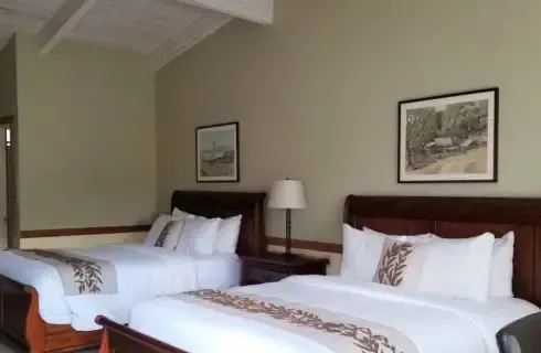 A hotel room with two beds and a lamp