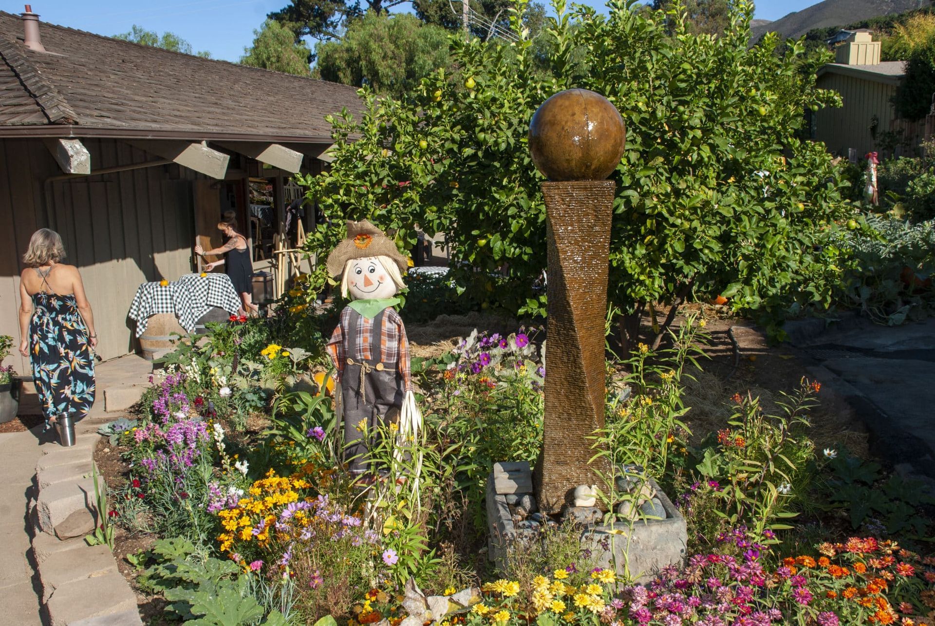 A scarecrow in a garden with flowers and a fountain