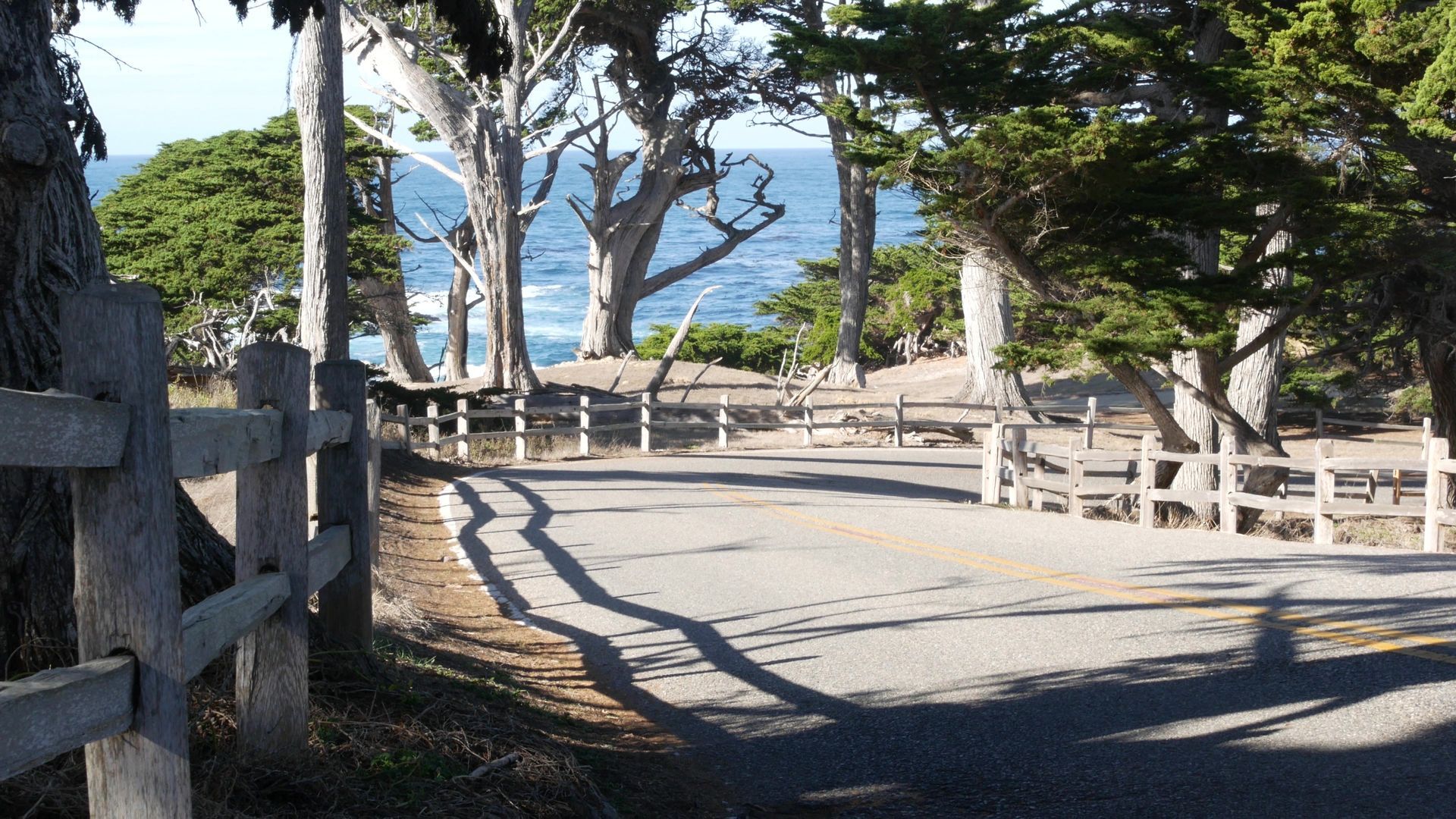 A wooden fence along the side of a road leading to the ocean