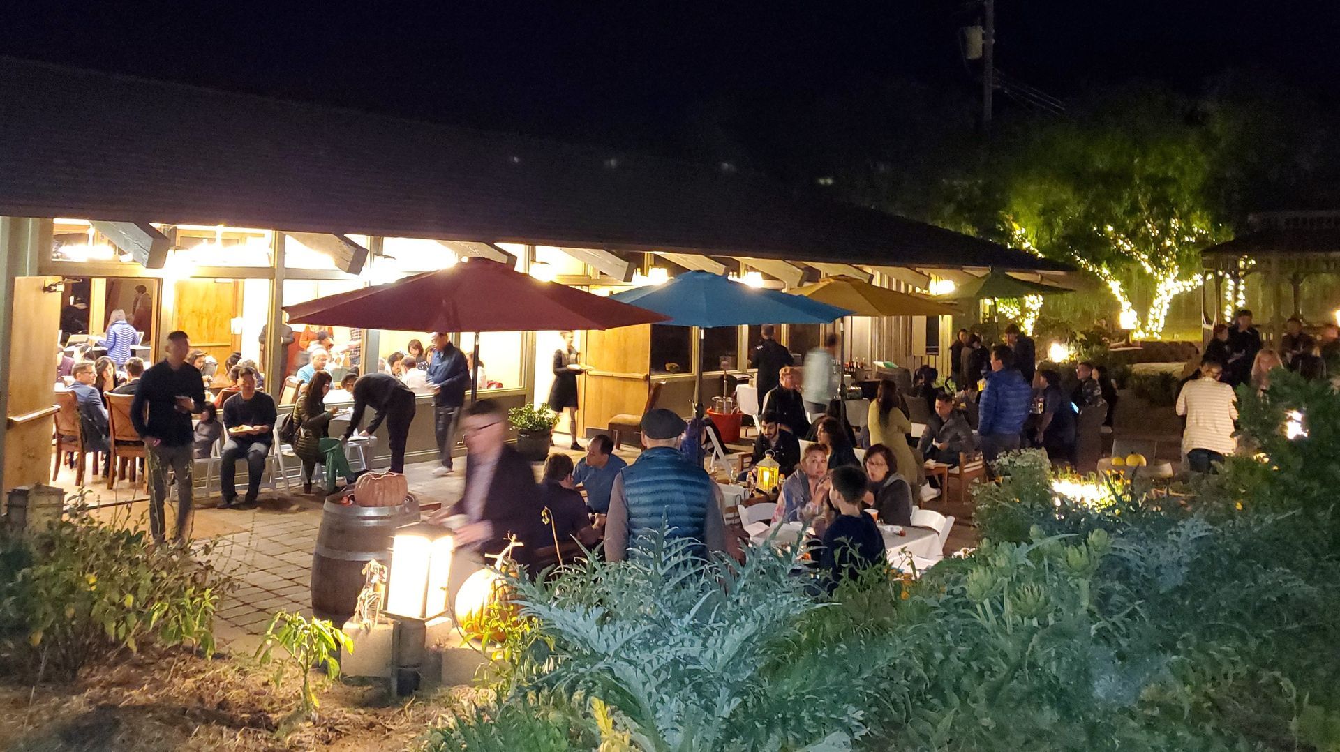 A group of people are sitting under umbrellas at a restaurant at night.