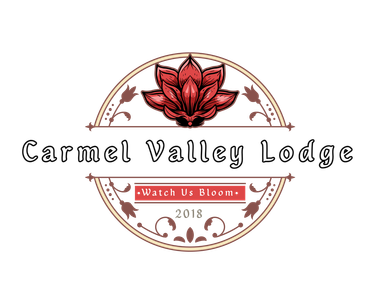 A logo for carmel valley lodge with a flower on it