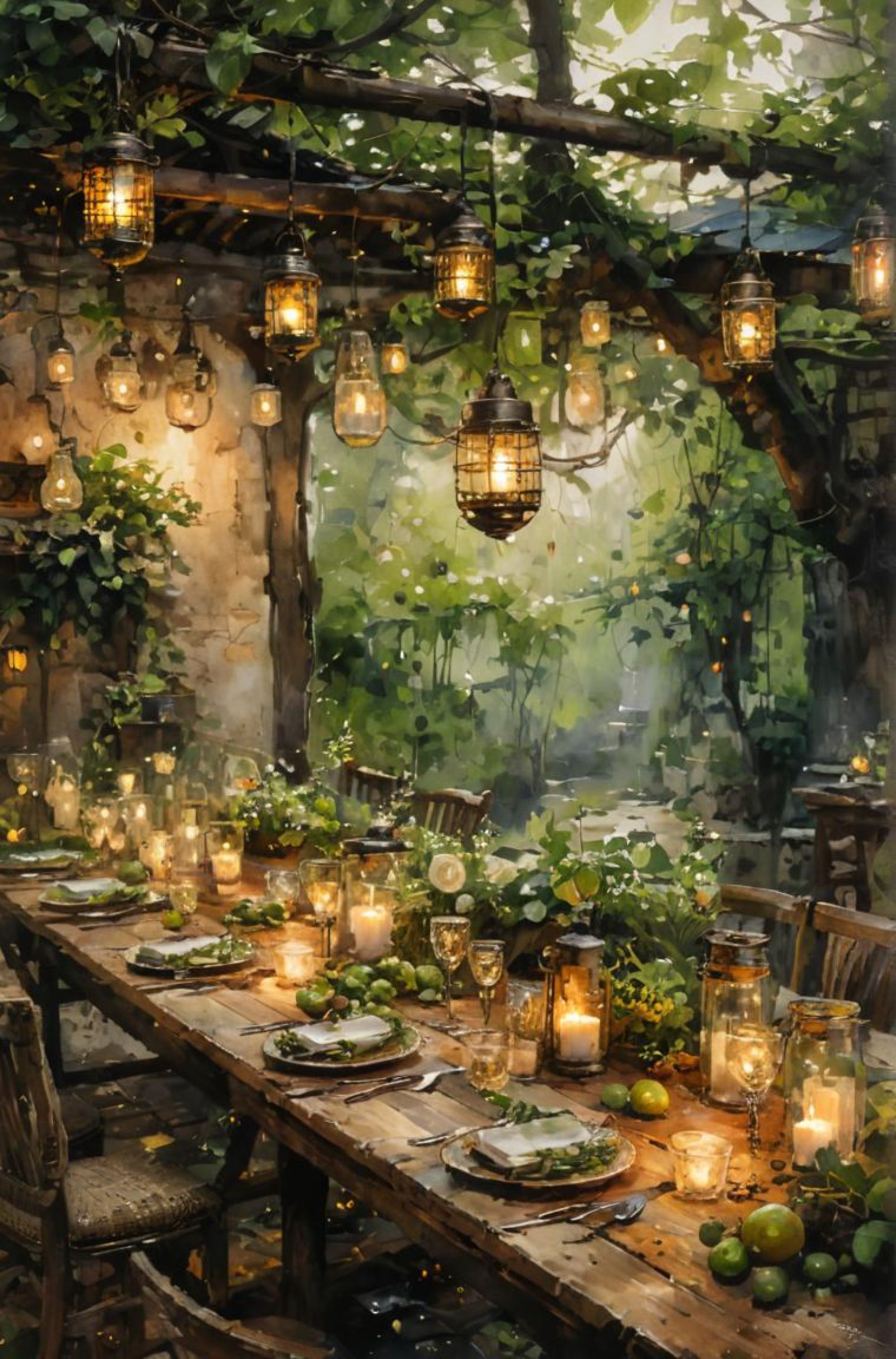 dinner table set under the lights on the EC patio