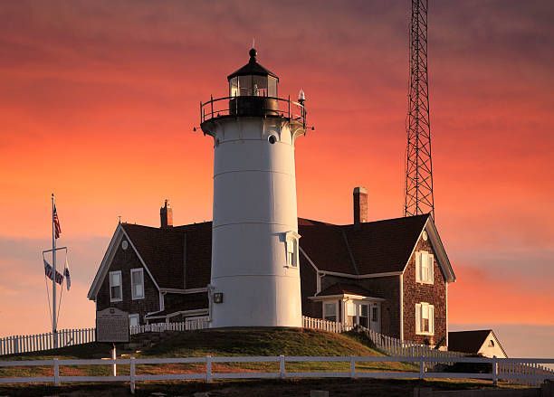 A lighthouse is sitting on top of a hill with a sunset in the background.