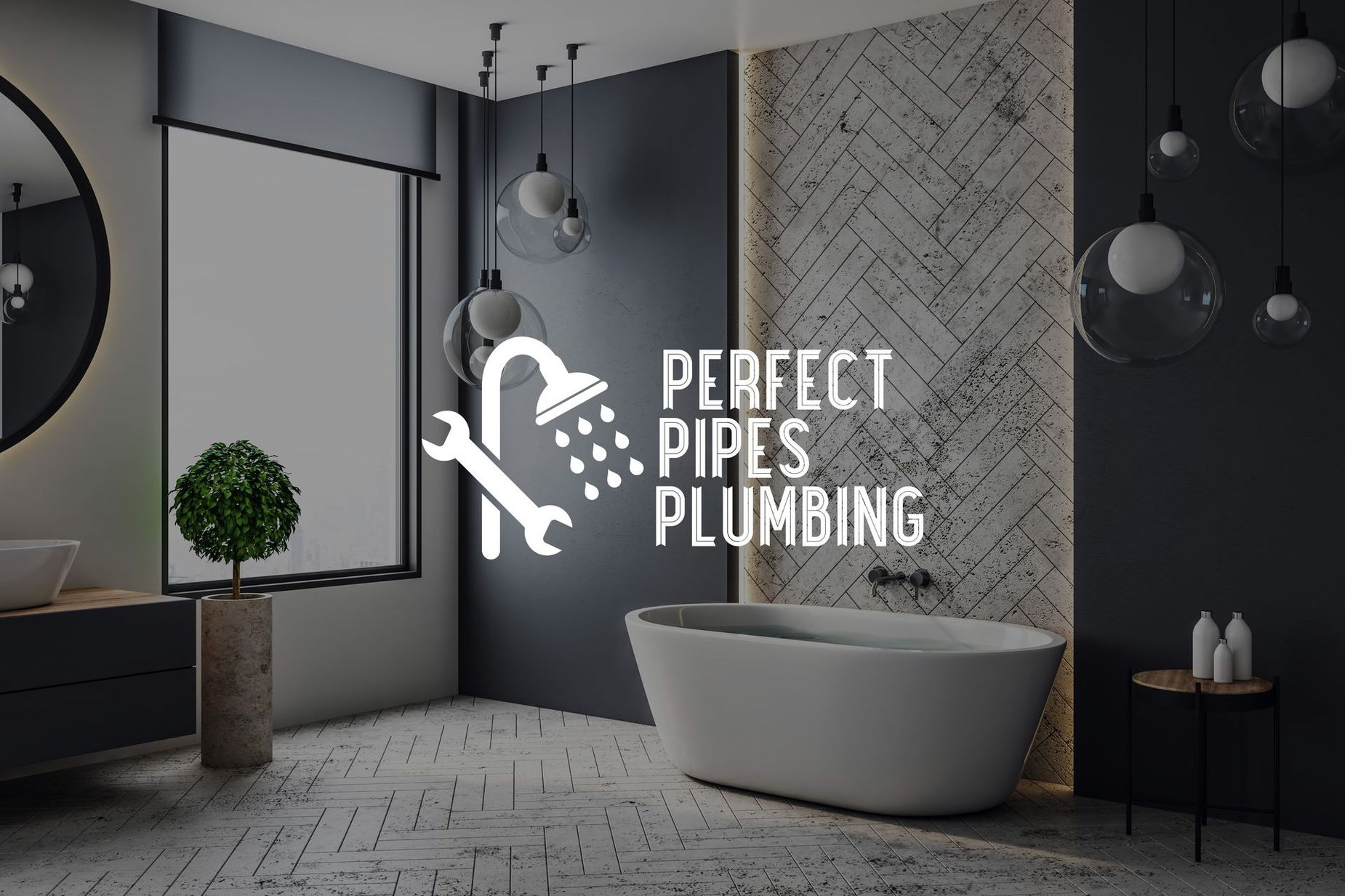 Perfect Pipes Plumbing Logo overlayed on bathroom