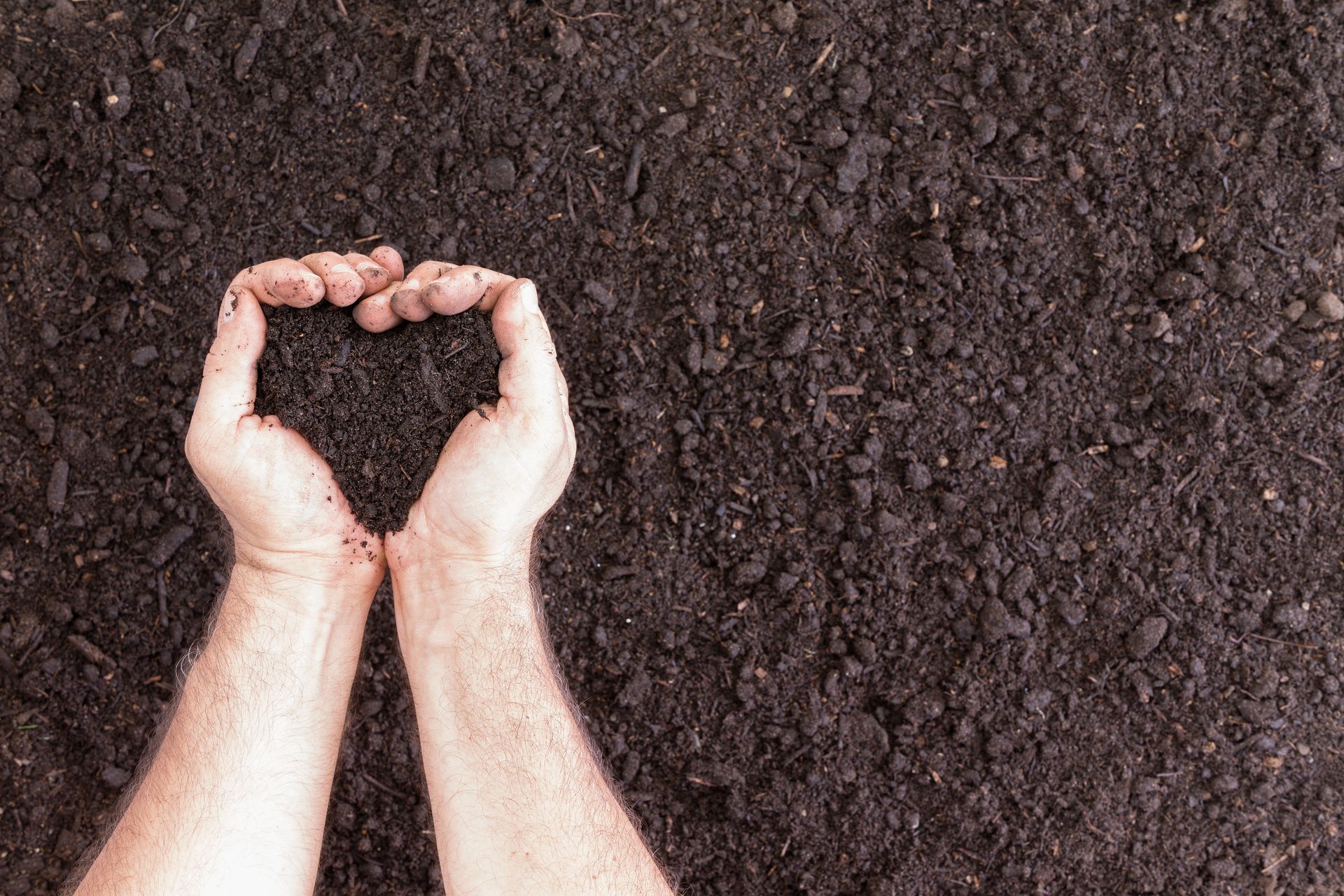 Hands holding rich soil texture representing premium top soil supply for landscaping and garden use.