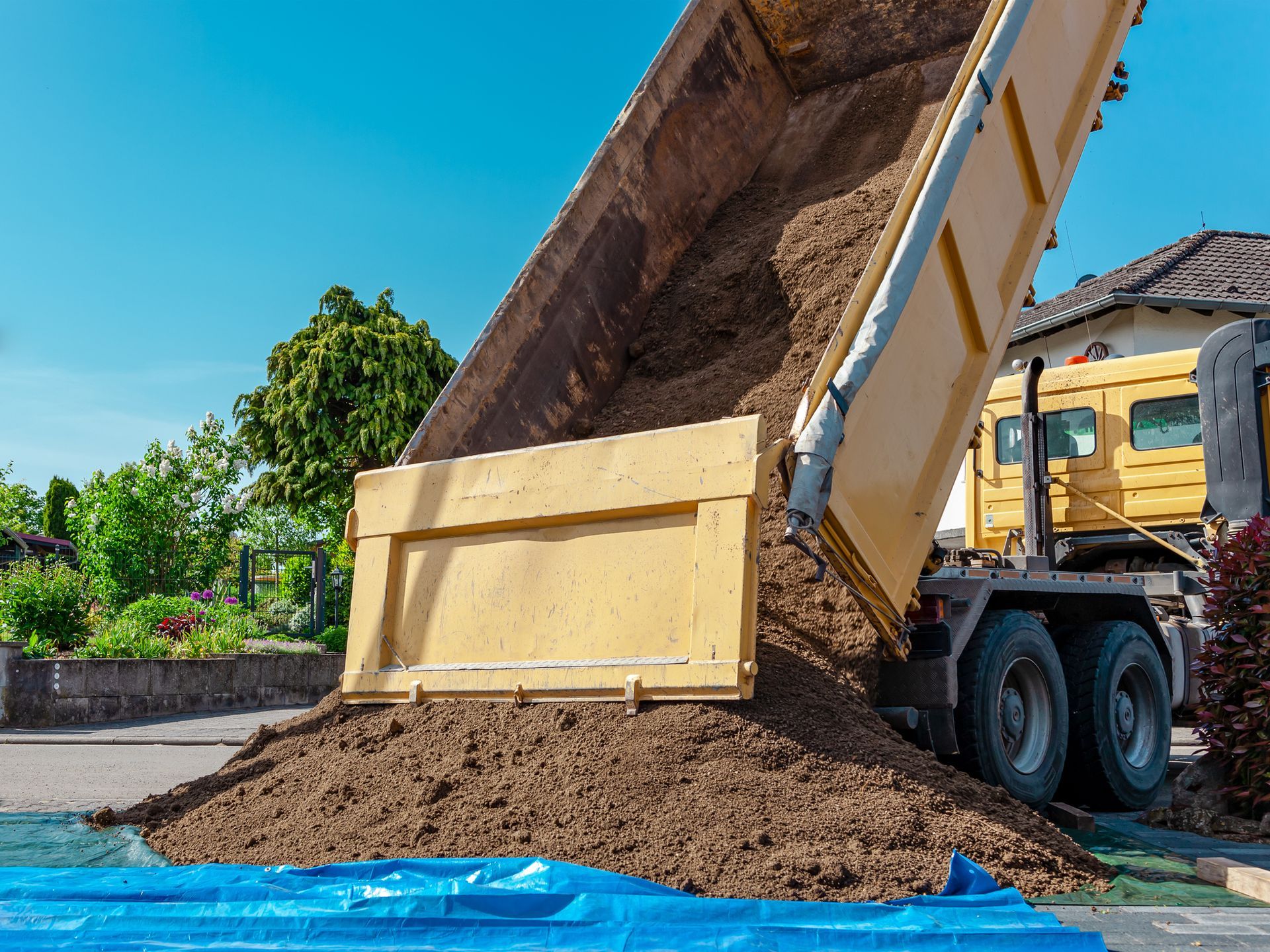 Aerial view of a gravel and sand supply on the construction site.
