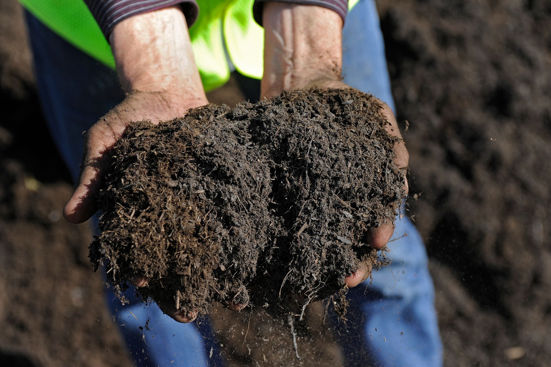 Close-up of a pair of hands as they hold a small pile of topsoil, with a blurry pair of legs below.