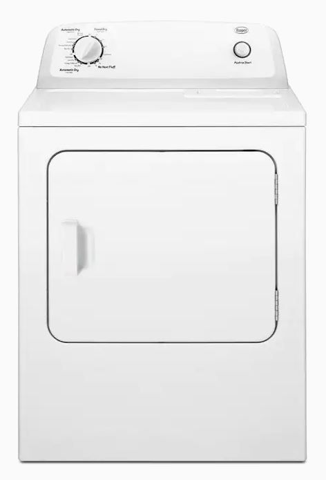 A white dryer is sitting on top of a white counter.