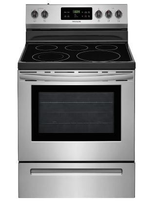 A stainless steel stove with a ceramic top and a double oven.