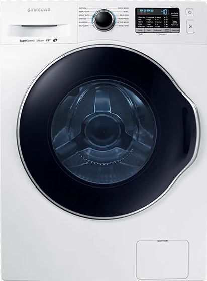 A white washing machine with a black door is sitting on a white surface.