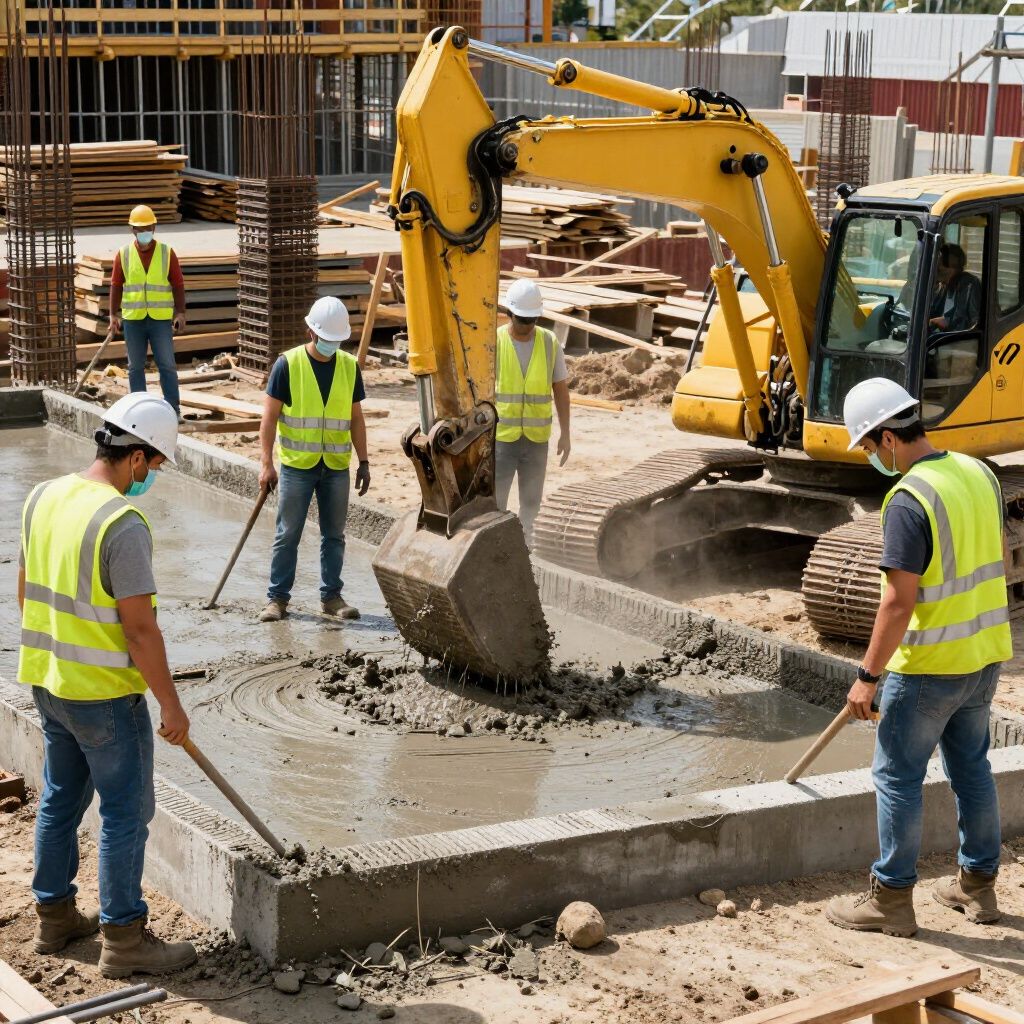 Construction workers smoothing concrete at a building site, excavator nearby. Workers wear vests and masks.
