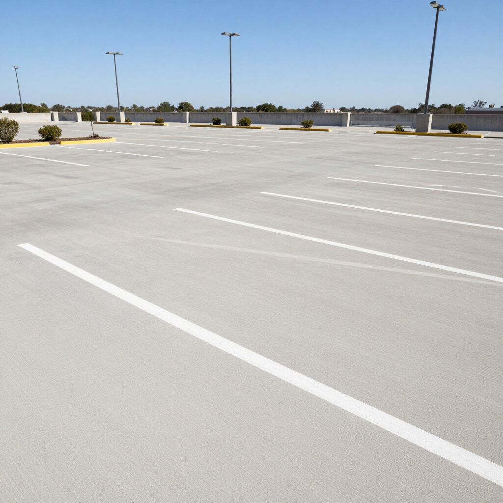 Empty, gray parking lot with white lines, blue sky, and lampposts.