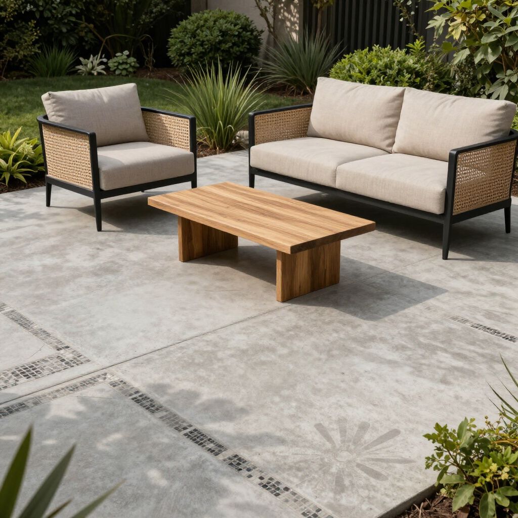 Outdoor patio set with beige cushions and a wooden coffee table on a concrete patio.