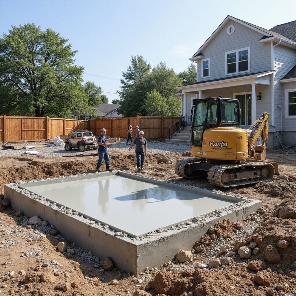 Concrete foundation with workers and an excavator in a backyard, near a house.