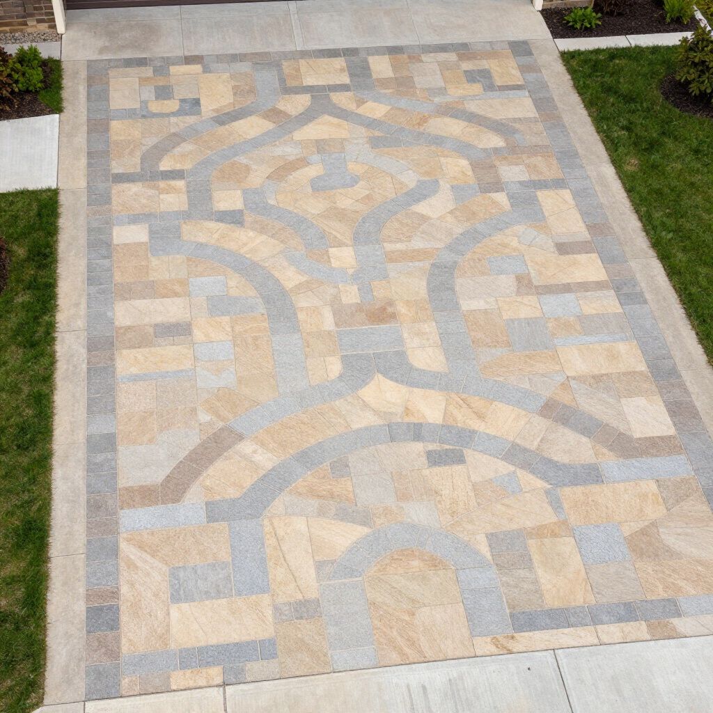 Stone pathway with an ornate design in shades of tan, gray, and brown.