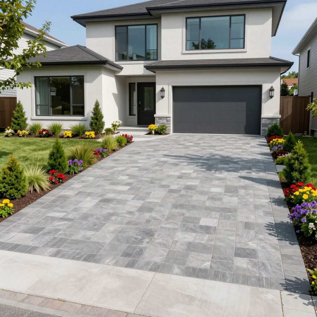 Modern white house with gray driveway and landscaping.