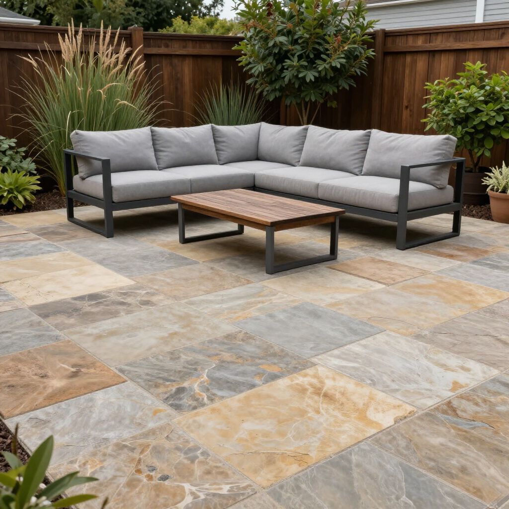 L-shaped outdoor sofa with gray cushions, brown coffee table, and stone patio. Wooden fence and plants in background.