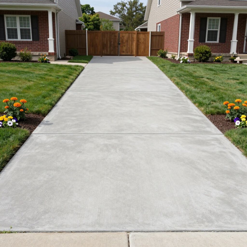 Concrete driveway leads to a wooden gate, flanked by green lawns and brick houses.