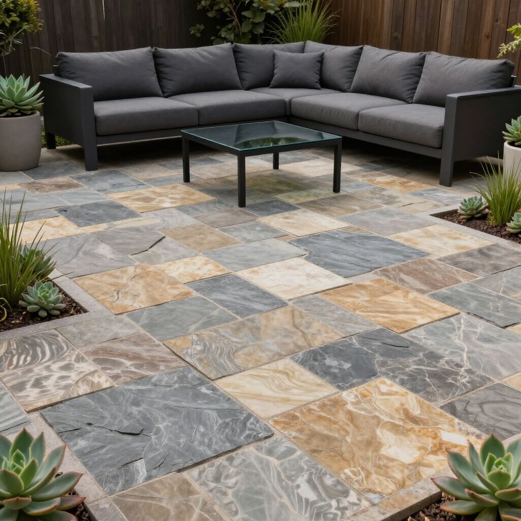 Patio with multi-colored stone tiles, a gray sectional sofa, and a black coffee table.