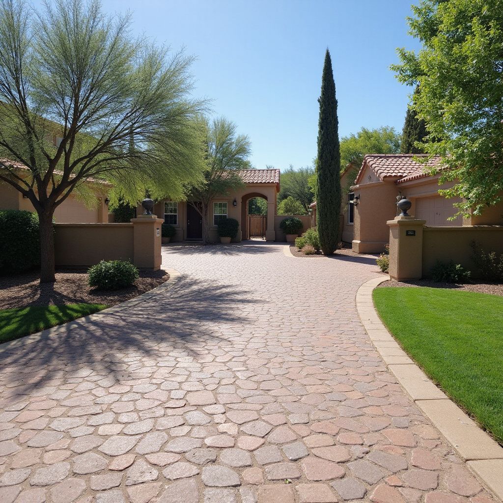 Driveway leading to a home with stone pavers and landscaping under a sunny sky.