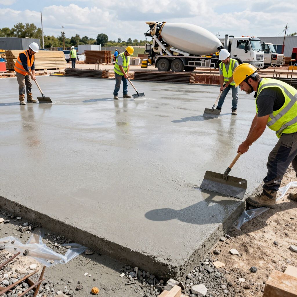 Construction workers smoothing wet concrete with floats on a construction site.