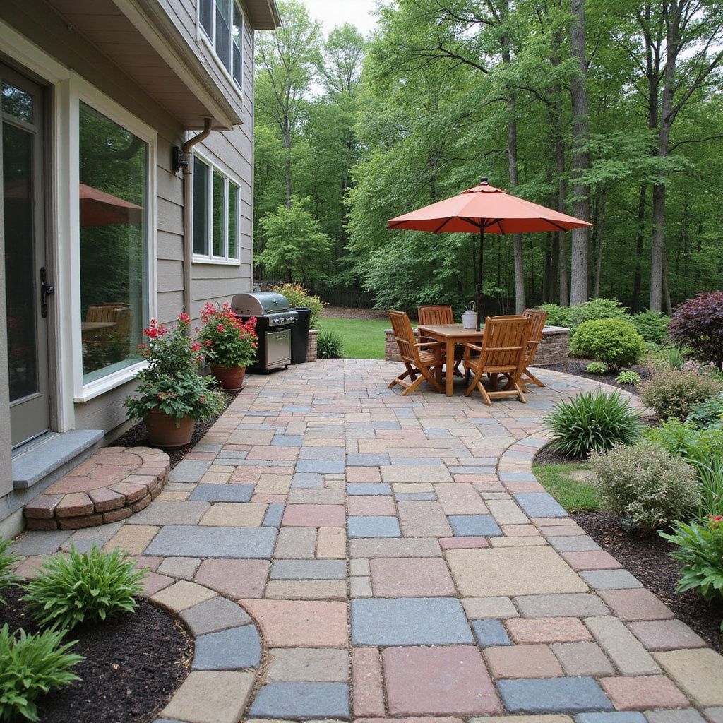 Stone patio with table, umbrella, grill, and lush landscaping next to a house.