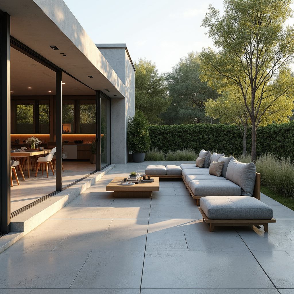 Patio with modern gray sectional sofa, low wooden coffee table, and sliding glass doors to interior.