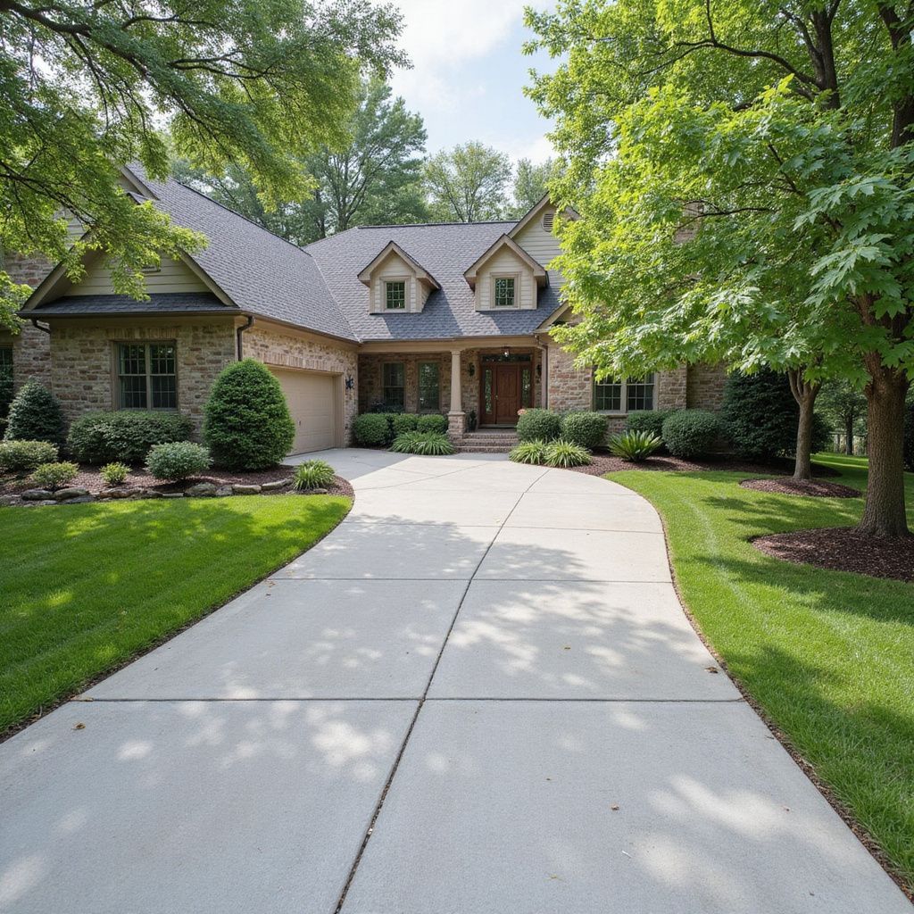 A single-story brick house with a curved concrete driveway, lush landscaping, and a blue sky.