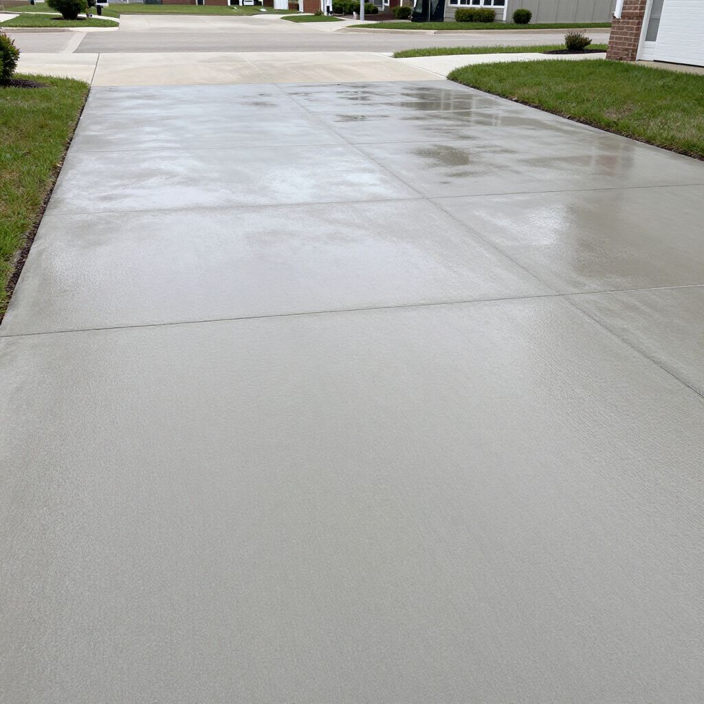 Wet, gray concrete driveway with grass on either side, in front of a house.