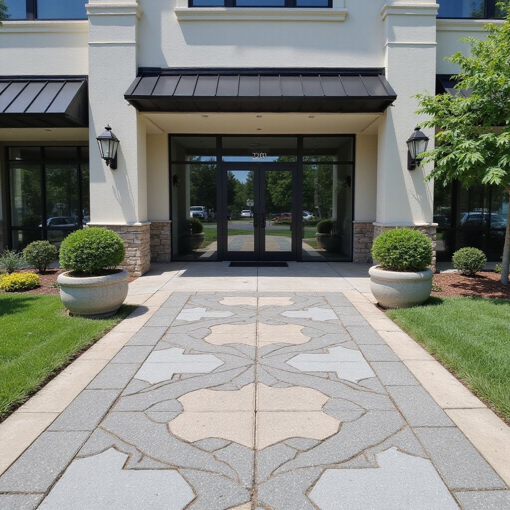 Entrance with glass doors, stone walkway, and planters with trimmed bushes.