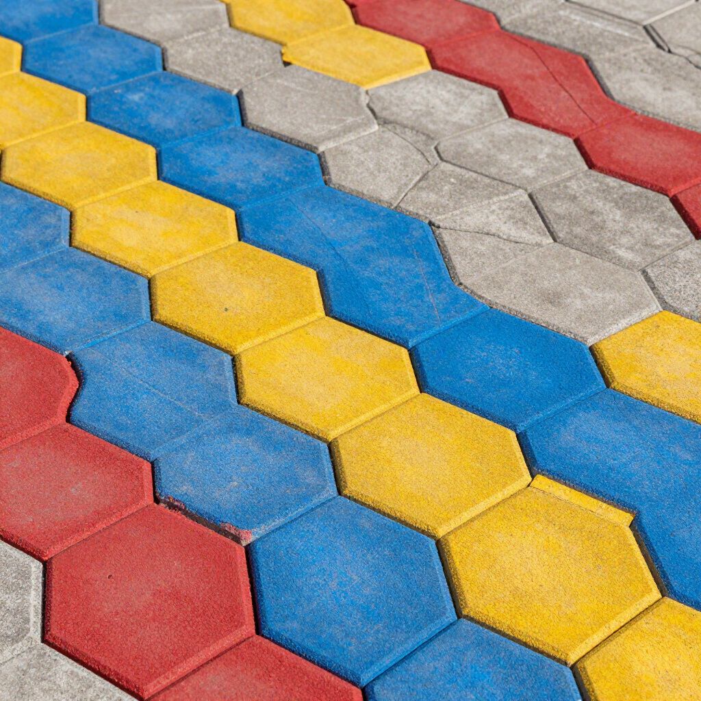 Colorful hexagonal paving stones in red, blue, yellow, and grey arranged in diagonal rows.