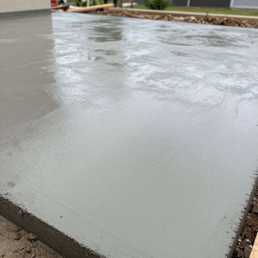 Freshly poured, wet concrete patio; gray and smooth surface.