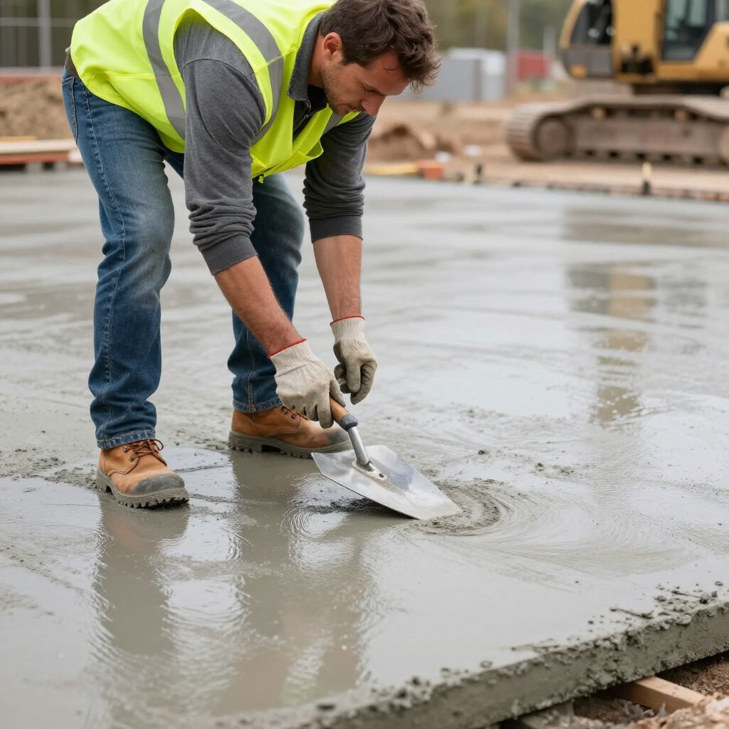 Construction worker smoothing wet concrete with a trowel, wearing a safety vest and gloves. Outdoor setting.