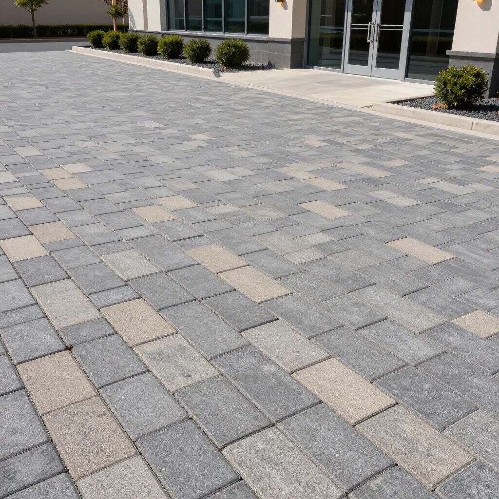 Brick paved area outside a building with entrance doors and small bushes. Gray and tan colored bricks.