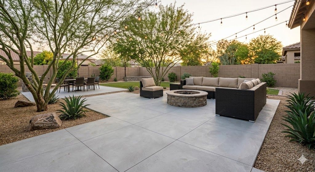 Stone patio with seating areas, fire pit, and stairs. Outdoors.