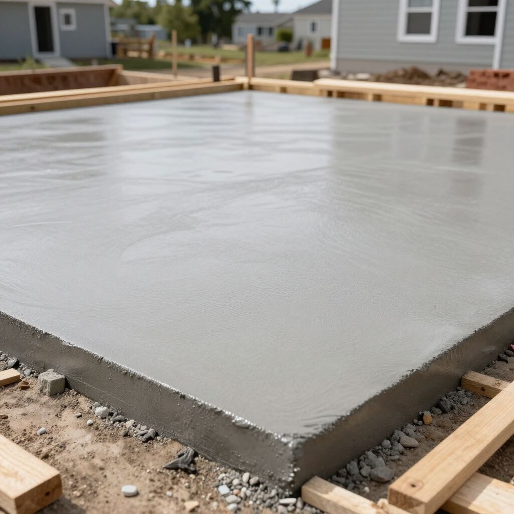 Freshly poured concrete foundation, framed with wooden boards, outdoors.