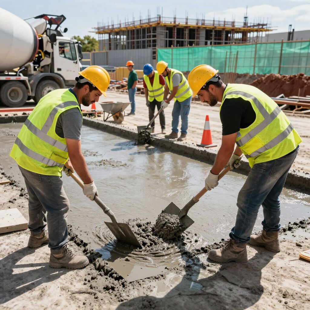 Construction workers pouring and smoothing concrete on a construction site; truck in background.
