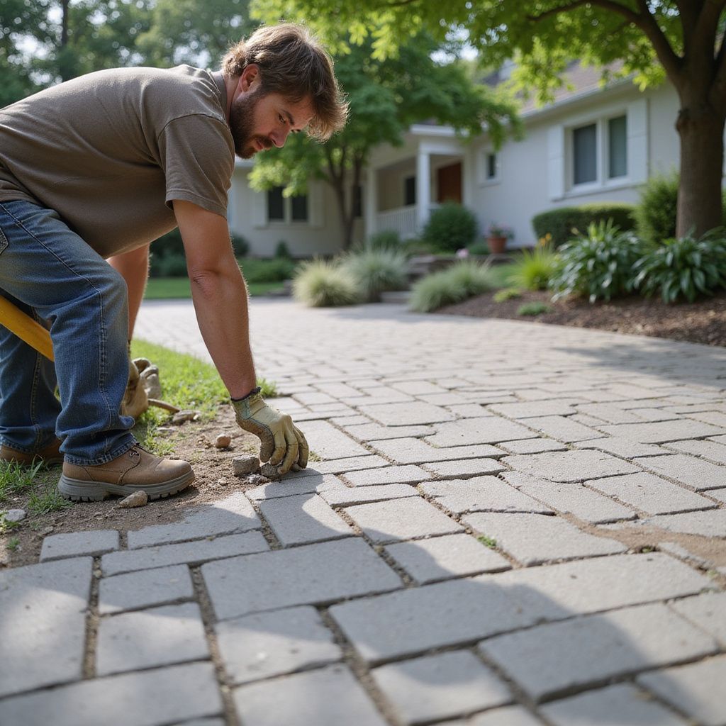 Man repairing brick pavers on a driveway outside a house.