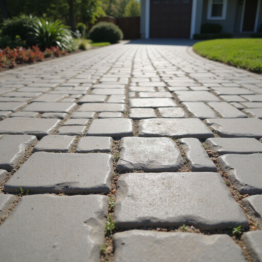 Stone paver driveway leading towards a house with a garage, green grass, and plants.